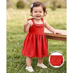 Babyhug Cotton Knit Frock with Ruffled Neck and Tie-Up Shoulder Straps Red 3-6 Months