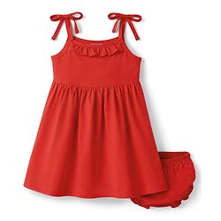 Babyhug Cotton Knit Frock with Ruffled Neck and Tie-Up Shoulder Straps Red 3-6 Months