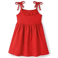 Babyhug Cotton Knit Frock with Ruffled Neck and Tie-Up Shoulder Straps Red 3-6 Months