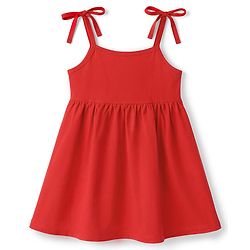 Babyhug Cotton Knit Frock with Ruffled Neck and Tie-Up Shoulder Straps Red 3-6 Months