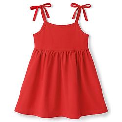 Babyhug Cotton Knit Frock with Ruffled Neck and Tie-Up Shoulder Straps Red 0-0 Months