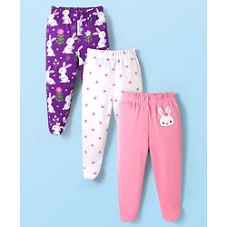 Babyhug Cotton Interlock Knit Bootie Leggings with Floral & Rabbit Print Pack of 3 - Purple White & Pink