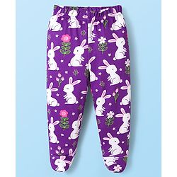 Babyhug Cotton Interlock Knit Bootie Leggings with Floral & Rabbit Print Pack of 3 - Purple White & Pink