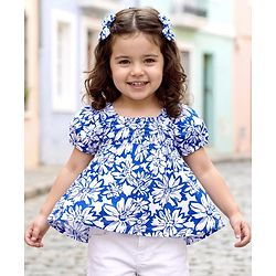 Babyhug Cotton Knit Half Sleeves Top With Floral Print - Blue
