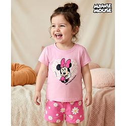 Babyhug Disney Single Jersey Knit Half Sleeves T-Shirt & Shorts Night Suit With Minnie Mouse Print - Pink