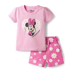 Babyhug Disney Single Jersey Knit Half Sleeves T-Shirt & Shorts Night Suit With Minnie Mouse Print - Pink
