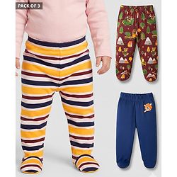 Babyhug Interlock Cotton Knit Bootie Leggings With Stripes & Animal Print Pack Of 3 - Multicolour