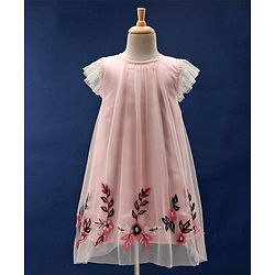 Babyhug Flutter Sleeves Party Wear Frock Floral Embroidery - Peach