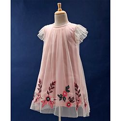 Babyhug Flutter Sleeves Party Wear Frock Floral Embroidery - Peach