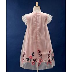 Babyhug Flutter Sleeves Party Wear Frock Floral Embroidery - Peach