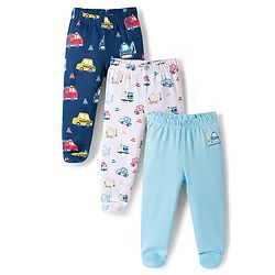 Babyhug Interlock Knit Footed Vehicle Printed Bootie Leggings Pack of 3 - Blue Navy & White