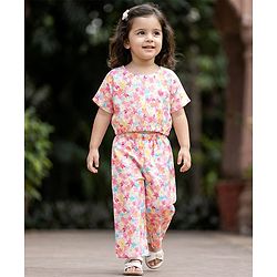 Babyhug Cotton Woven Half Sleeves Floral Printed Co-ord Top & Pant Set - White & Pink