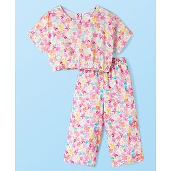 Babyhug Cotton Woven Half Sleeves Floral Printed Co-ord Top & Pant Set - White & Pink