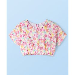 Babyhug Cotton Woven Half Sleeves Floral Printed Co-ord Top & Pant Set - White & Pink