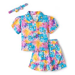 Babyhug Cotton Woven Half Sleeves Floral Printed Top & Skirts Set With Headband - Multicolour