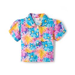 Babyhug Cotton Woven Half Sleeves Floral Printed Top & Skirts Set With Headband - Multicolour