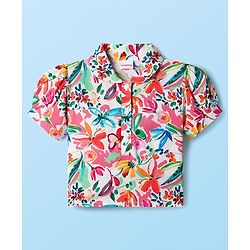 Babyhug Cotton Woven Half Sleeves Floral Printed Top & Skirts Set With Headband - Multicolour