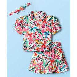 Babyhug Cotton Woven Half Sleeves Floral Printed Top & Skirts Set With Headband - Multicolour