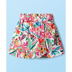 Babyhug Cotton Woven Half Sleeves Floral Printed Top & Skirts Set With Headband - Multicolour