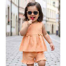 Babyhug Cotton Woven Sleeveless Solid Colour Top with Bow Applique & Shorts Set - Peach
