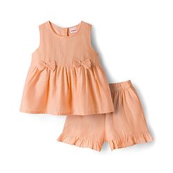 Babyhug Cotton Woven Sleeveless Solid Colour Top with Bow Applique & Shorts Set - Peach