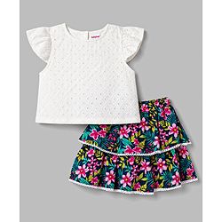 Babyhug Cotton Woven Half Sleeves Top & Layered Skirt Set With Floral Print - White