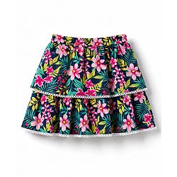 Babyhug Cotton Woven Half Sleeves Top & Layered Skirt Set With Floral Print - White