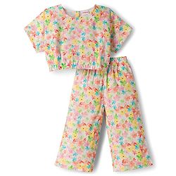 Babyhug Cotton Woven Half Sleeves Floral Printed Co-ord Top & Pant Set - White & Pink