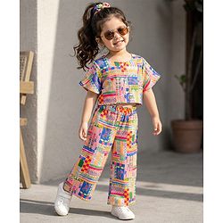 Babyhug Cotton Woven Half Sleeves Top & Lounge Pant Co-ord Set With Floral Print - Multicolor