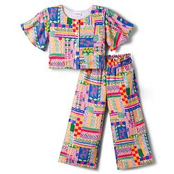 Babyhug Cotton Woven Half Sleeves Top & Lounge Pant Co-ord Set With Floral Print - Multicolor