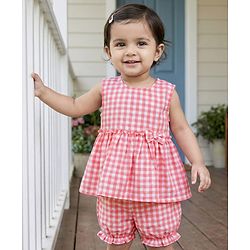 Babyhug Cotton Woven Sleeveless Checks Top & Shorts Co-ord Set - Peach