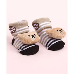 Cute Walk by Babyhug Sock Shoes With Stripes & Animal Applique - Multicolour