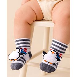 Cute Walk by Babyhug Sock Shoes With Penguin Applique & Vehicles Design & Stripes - Multicolour