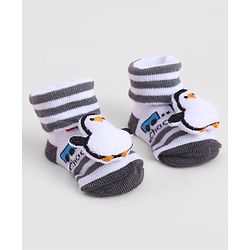Cute Walk by Babyhug Sock Shoes With Penguin Applique & Vehicles Design & Stripes - Multicolour