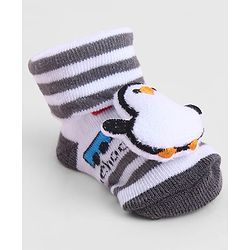 Cute Walk by Babyhug Sock Shoes With Penguin Applique & Vehicles Design & Stripes - Multicolour
