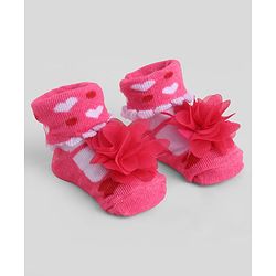 Cute Walk by Babyhug Sock Shoes With Floral Applique & Hearts Design - Multicolour