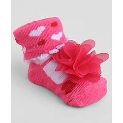 Cute Walk by Babyhug Sock Shoes With Floral Applique & Hearts Design - Multicolour