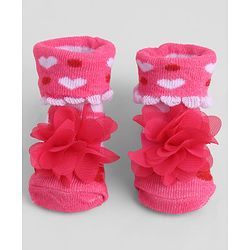 Cute Walk by Babyhug Sock Shoes With Floral Applique & Hearts Design - Multicolour