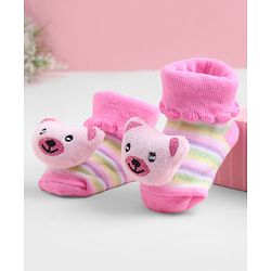 Cute Walk by Babyhug Sock Shoes With Animal Applique & Stripes Design - Multicolour