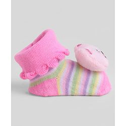 Cute Walk by Babyhug Sock Shoes With Animal Applique & Stripes Design - Multicolour