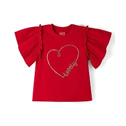 Babyhug 100% Cotton Knit Half Frill Sleeves Heart Printed Top - Red