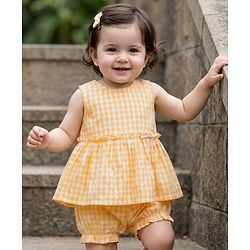 Babyhug Cotton Woven Sleeveless Checks Top & Shorts Co-ord Set - Yellow
