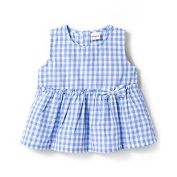 Babyhug Cotton Woven Sleeveless Checkered Co-ords Top & Shorts Set with Bow Applique - Sea Light Blue