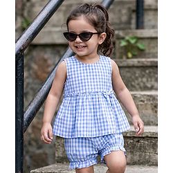 Babyhug Cotton Woven Sleeveless Checkered Co-ords Top & Shorts Set with Bow Applique - Sea Light Blue