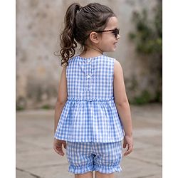 Babyhug Cotton Woven Sleeveless Checkered Co-ords Top & Shorts Set with Bow Applique - Sea Light Blue