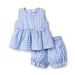 Babyhug Cotton Woven Sleeveless Checkered Co-ords Top & Shorts Set with Bow Applique - Sea Light Blue