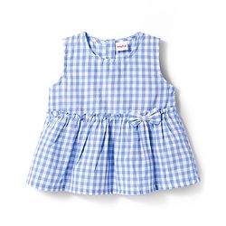 Babyhug Cotton Woven Sleeveless Checkered Co-ords Top & Shorts Set with Bow Applique - Sea Light Blue