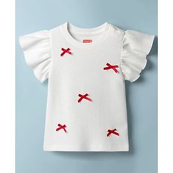Babyhug Cotton Waffle Knit Half Sleeves Top With Bow Applique - Offwhite