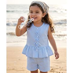 Babyhug Cotton Woven Sleeveless Striped Top & Shorts Co-ord Set - Sky Blue