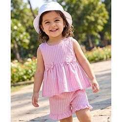 Babyhug Cotton Woven Sleeveless Checkered Co-ords Top & Shorts Set with Bow Applique - Pink